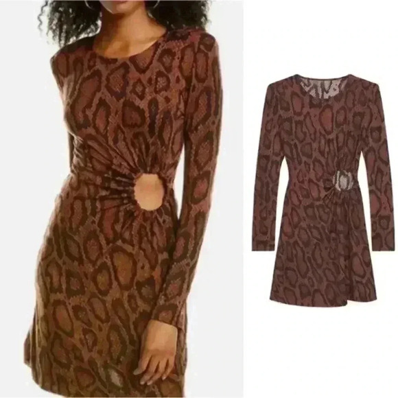 DANIELLE BERNSTEIN x WEWOREWHAT Ruched O-Ring brown snake Long Sleeve Mini Dress - Picture 1 of 5